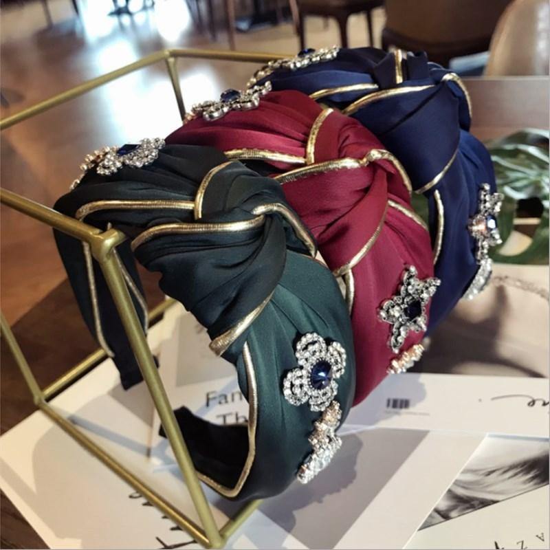 Boutique Hair Accessories Women's Luxury Fabric Gold-rimmed Diamonds Super Flash Middle Knotted Wide-brimmed Headband Hairband