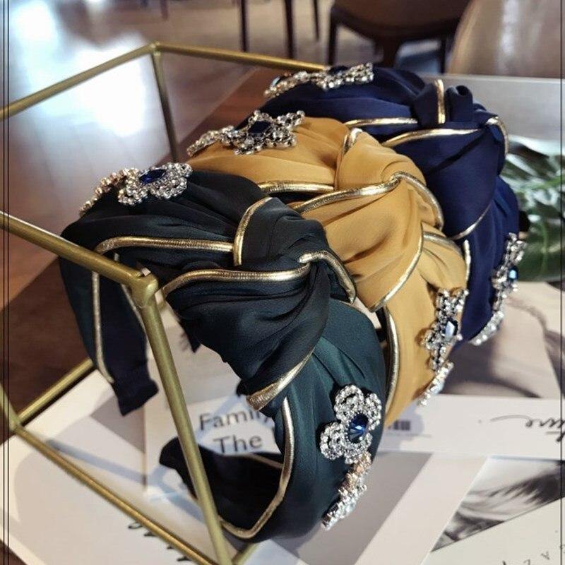 Boutique Hair Accessories Women's Luxury Fabric Gold-rimmed Diamonds Super Flash Middle Knotted Wide-brimmed Headband Hairband