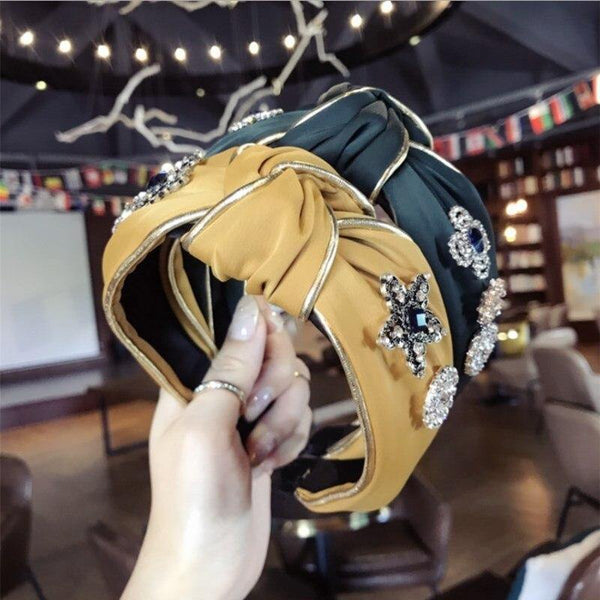 Boutique Hair Accessories Women's Luxury Fabric Gold-rimmed Diamonds Super Flash Middle Knotted Wide-brimmed Headband Hairband