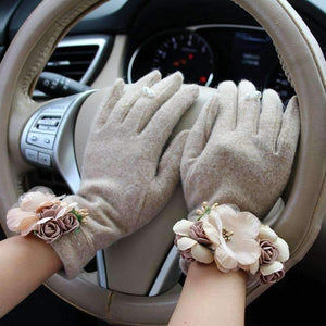Planet Gates Brand Gloves Winter Women Gloves Cashmere Mittens Female Beig Flower Warm Wool Gloves Women Driving Gloves