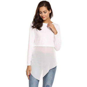 Planet Gates Brand Women Tops Tee Mesh Patchwork Long T-Shirts Chiffon Hem T-Shirt O-Neck Long Sleeve Pullover Asymmetrical T shirts