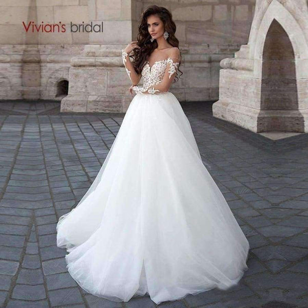 Planet Gates Bridal  Fashion Sweetheart Illouion Long Sleeve Wedding Dress A-line Backless Lace Appliques Customized Bridal Gown