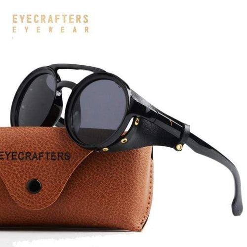 Planet Gates Bright Black Black / As picture show Vintage Men Steampunk Goggles Sunglasses Women Retro Shades Fashion Leather With Side Shields Round Sun Glasses