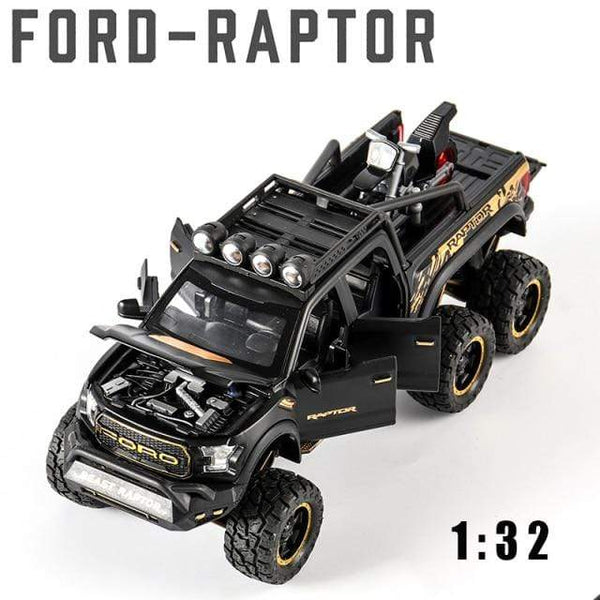 Planet Gates Bright black Diecast 1:24 Alloy Car Model Ford F150 Beast Raptor Off-Road Big Size Wheel Metal Vehicle Pull Back Gifts for Children Boys Toys