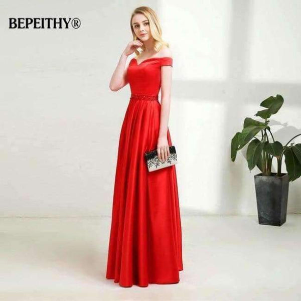 Planet Gates bright red / 2 A-line Long Evening Dress Vintage Off The Shoulder Prom Dresses Crystal Belt Robe De Soiree 2017