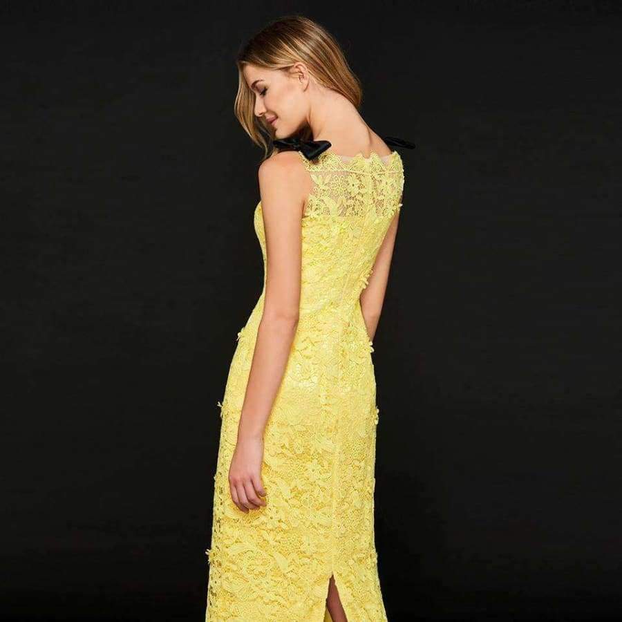 Bright yellow cocktail dress elegant sheath lace zipper up tea length wedding party formal dress cocktail dresses