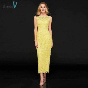 Planet Gates Bright Yellow / 2 Bright yellow cocktail dress elegant sheath lace zipper up tea length wedding party formal dress cocktail dresses