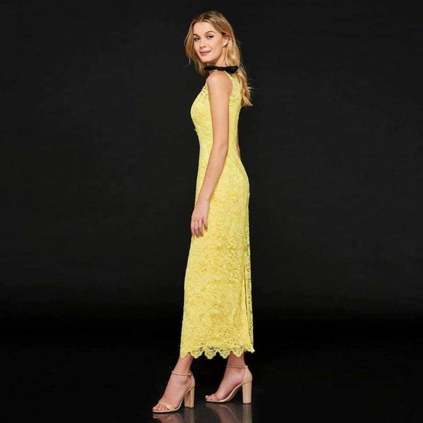 Bright yellow cocktail dress elegant sheath lace zipper up tea length wedding party formal dress cocktail dresses