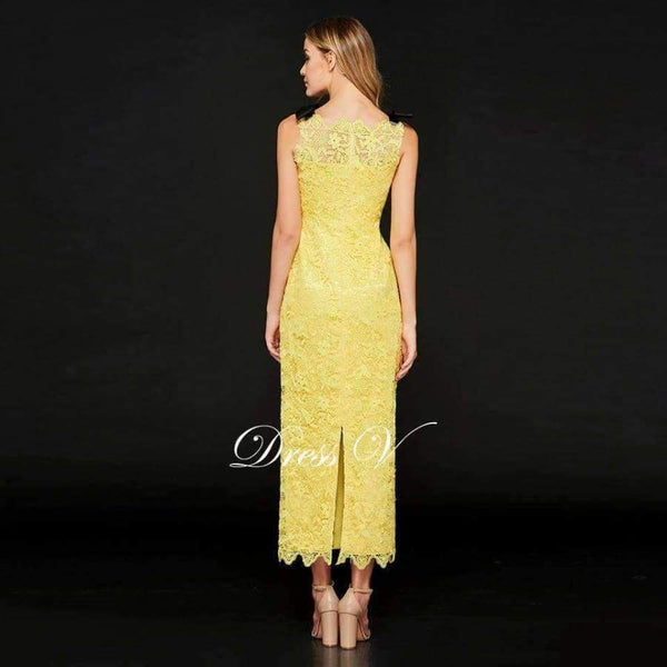 Planet Gates Bright Yellow / 2 Bright yellow cocktail dress elegant sheath lace zipper up tea length wedding party formal dress cocktail dresses