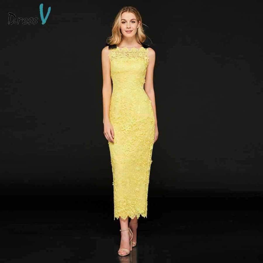 Bright yellow cocktail dress elegant sheath lace zipper up tea length wedding party formal dress cocktail dresses