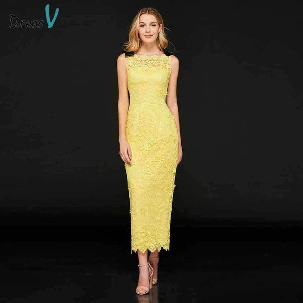 Bright yellow cocktail dress elegant sheath lace zipper up tea length wedding party formal dress cocktail dresses