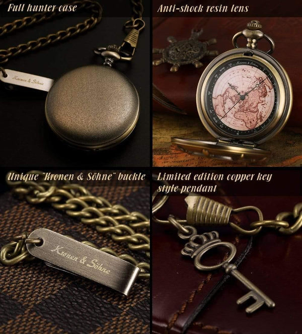 Planet Gates Bronze KSP106 Bronze Boat Rudder Anchor Pattern Case Map Analog Relogio Fob Key Pendant Clock Chain Mens Quartz Pocket Watch /KSP106