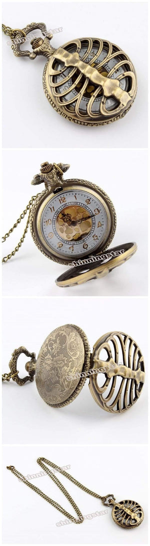 Planet Gates Bronze Mechanical Pocket Watch Male Steampunk Skeleton Mens Hand Wind Clock Roman Pocket Watch With Fob Chain