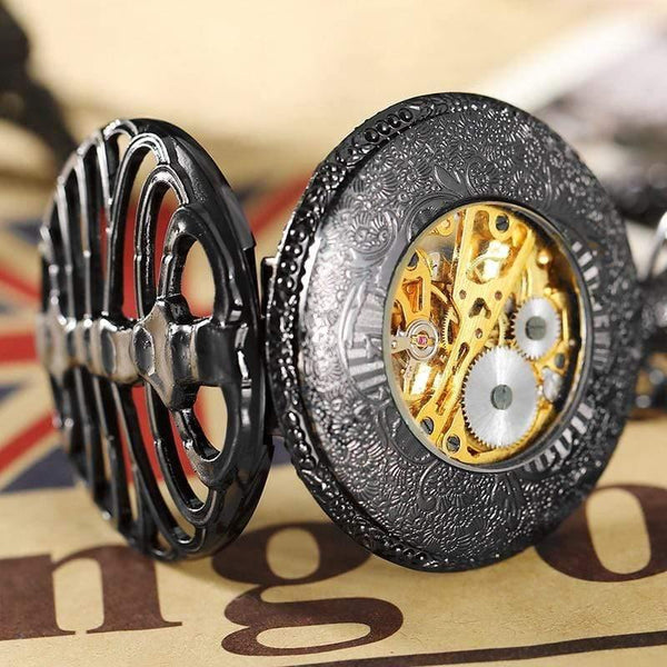 Planet Gates Bronze Mechanical Pocket Watch Male Steampunk Skeleton Mens Hand Wind Clock Roman Pocket Watch With Fob Chain