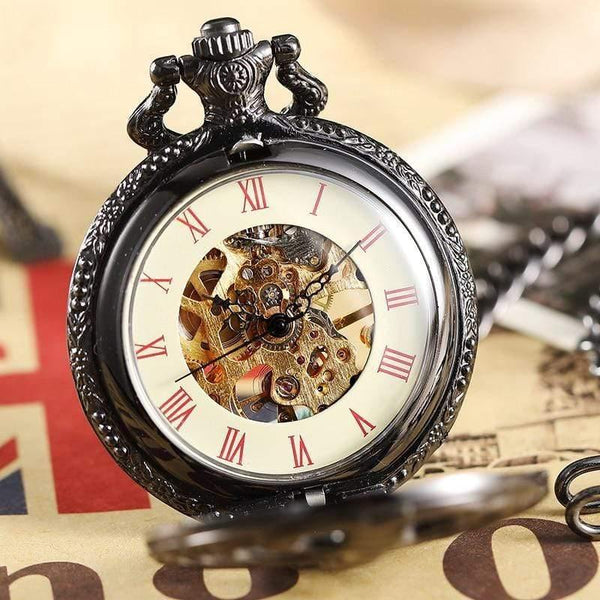 Planet Gates Bronze Mechanical Pocket Watch Male Steampunk Skeleton Mens Hand Wind Clock Roman Pocket Watch With Fob Chain