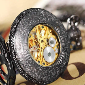 Planet Gates Bronze Mechanical Pocket Watch Male Steampunk Skeleton Mens Hand Wind Clock Roman Pocket Watch With Fob Chain