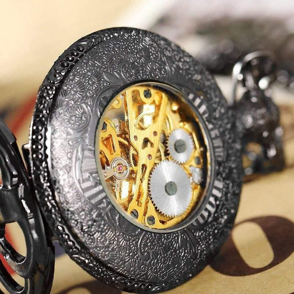 Planet Gates Bronze Mechanical Pocket Watch Male Steampunk Skeleton Mens Hand Wind Clock Roman Pocket Watch With Fob Chain