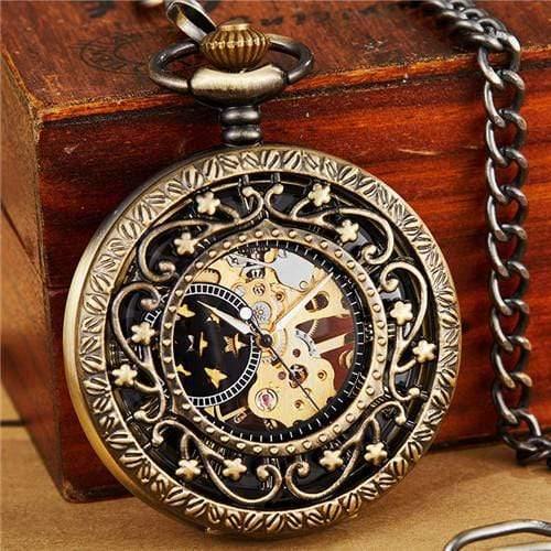 Planet Gates Bronze Mechanical Pocket Watch With FOB Chain Gold Stars Skeleton Steampunk Vintage Mens Womens Hand Winding Pocket Watch
