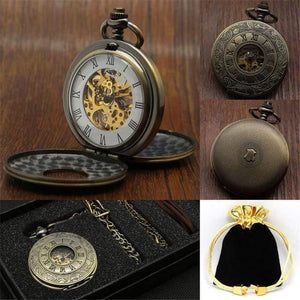 Planet Gates Bronze Roman Numeral Mechanical Pocket Watch Set Luxury Pendant Watch for Men Men with Pocket & Necklace Chain Pouch Bag