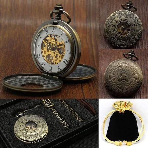 Planet Gates Bronze Roman Numeral Mechanical Pocket Watch Set Luxury Pendant Watch for Men Men with Pocket & Necklace Chain Pouch Bag