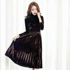 Planet Gates Bronze / S Autumn Winter Gold Velvet Party Events Dress Female Velours Vintage Turtlenck High Waist Pleated jurk vestido muje