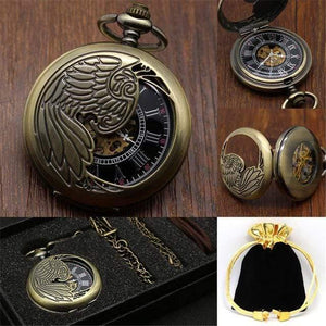 Planet Gates Bronze Wings Mechanical Pocket Watch Set Luxury Pendant Watch for Men Men with Pocket & Necklace Chain Pouch Bag