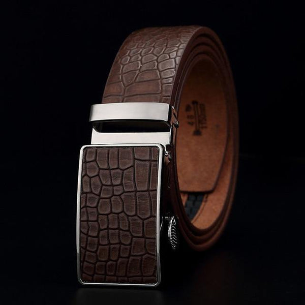 Planet Gates Brown / 110cm Casual Men's Leather Belts, Faux Crocodile Striped Strap, Automatic Buckle Leather Belt Men Good Quality