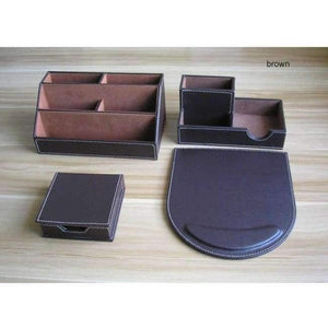 Planet Gates brown 4PCS set PU leather wood multifonctional desk organizer with card holder memo case stationery organizer office supplies accessories K226