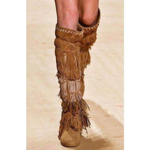 Planet Gates Brown / 5 2018 Bohemia Style Women Knee High Wedge Boots Height Increasing Fringe Tassel Boots  Lace-up Fashion Women Shoes