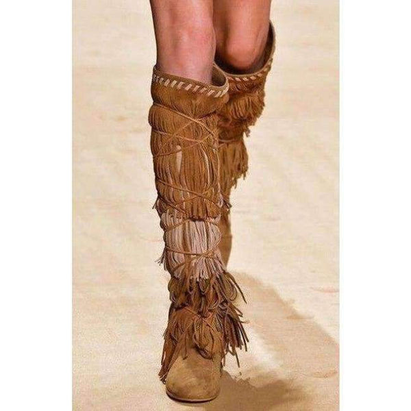 Planet Gates Brown / 5 2018 Bohemia Style Women Knee High Wedge Boots Height Increasing Fringe Tassel Boots  Lace-up Fashion Women Shoes