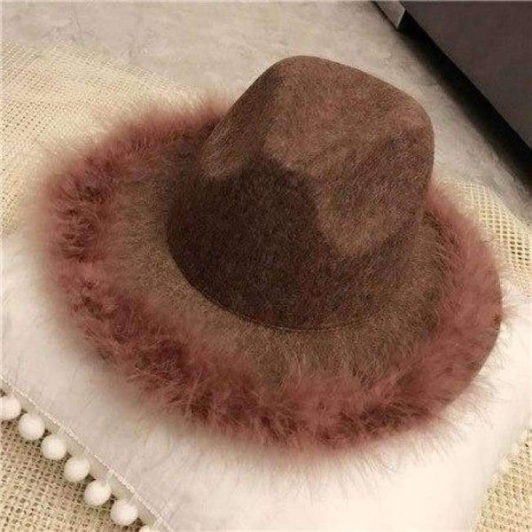 Planet Gates brown / 56to58cm Spring Winter Ladies Wool Feodra Hat Womens Ostrich Hair Edge Jazz Fedoras Hat For Women Large Brim Cowboy Panama Fedoras