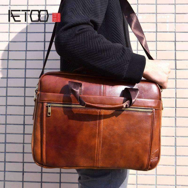 Planet Gates brown AETOO Genuine Leather Bag Men Bag Cowhide Men Crossbody Bags Men's Travel Shoulder Bags Tote Laptop Briefcases Handbags brown