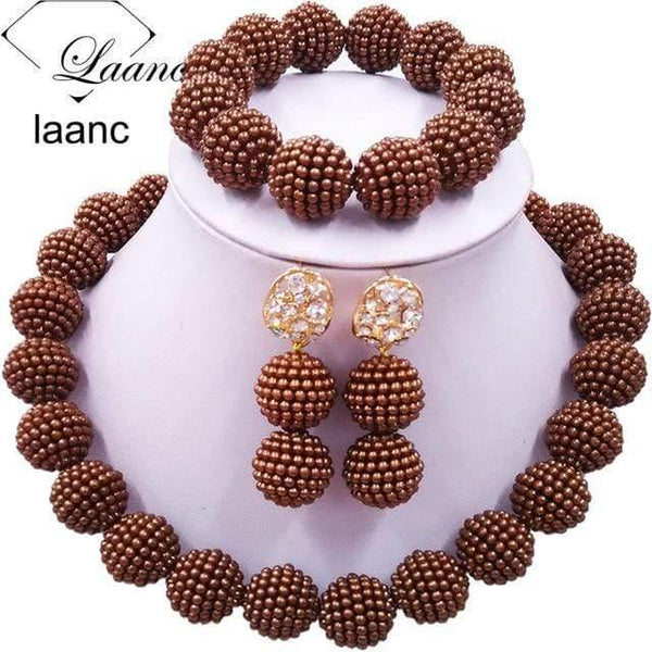 Planet Gates Brown African Beads Jewelry Set for Nigerian Wedding Simulated Pearl Necklace and Earrings SP1R004