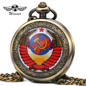 Planet Gates BROWN B Vintage Men Women Pocket Watches Mechanical Watch Red Soviet Union Design Skeleton Dial Carved Lid Pendant Chain