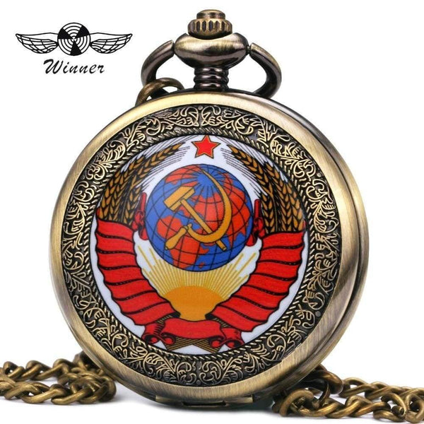 Planet Gates BROWN B Vintage Men Women Pocket Watches Mechanical Watch Red Soviet Union Design Skeleton Dial Carved Lid Pendant Chain