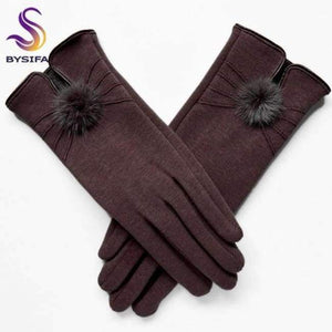 Planet Gates brown [BYSIFA] Women Mink ball Wool Gloves Fashion Opening Design Winter Ladies Gloves New Trendy Elegant Soft Black Mittens Gloves