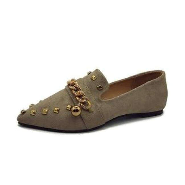 Planet Gates brown chain W / 6 Women Flats Cool Golden Rivet Flat Shoes Women Loafers Ballet Flats Suede Metal Chain Bees Black Shoes Casual Pointed Toe Slipon