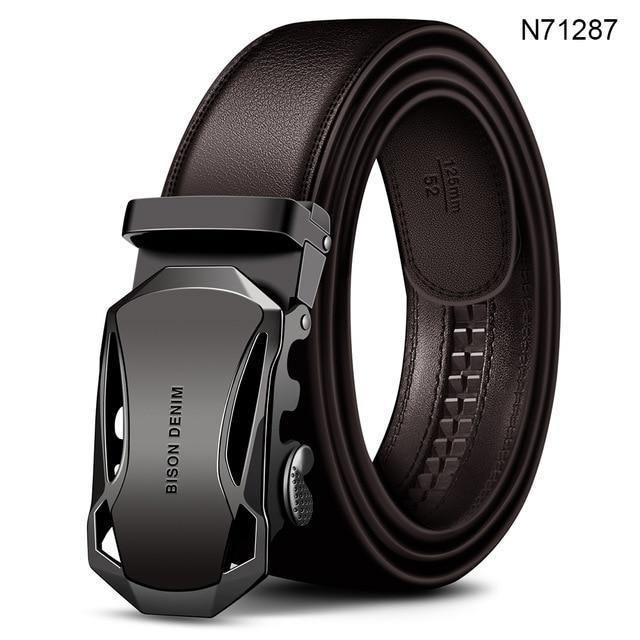 Planet Gates Brown / China / 110cm Men's Belt Cow Leather Belts Brand Fashion Automatic Buckle Black Genuine Leather Belts for Men 3.4cm Width
