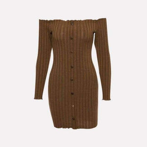 Planet Gates Brown Dress / L Muximux 2018 Winter Women Knitted Dresses Autumn Sexy Bodycon Off Shoulder Long Sleeve Mini Dress For Women Female Vestido