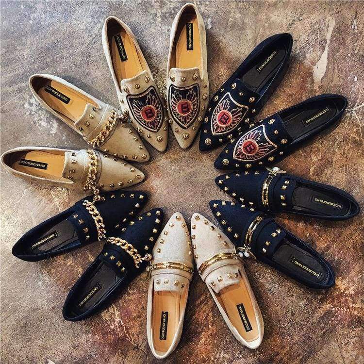 Planet Gates brown embroider W / 6 Women Flats Cool Golden Rivet Flat Shoes Women Loafers Ballet Flats Suede Metal Chain Bees Black Shoes Casual Pointed Toe Slipon