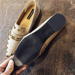 Planet Gates brown embroider W / 6 Women Flats Cool Golden Rivet Flat Shoes Women Loafers Ballet Flats Suede Metal Chain Bees Black Shoes Casual Pointed Toe Slipon