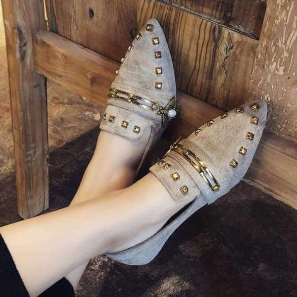 Planet Gates brown embroider W / 6 Women Flats Cool Golden Rivet Flat Shoes Women Loafers Ballet Flats Suede Metal Chain Bees Black Shoes Casual Pointed Toe Slipon