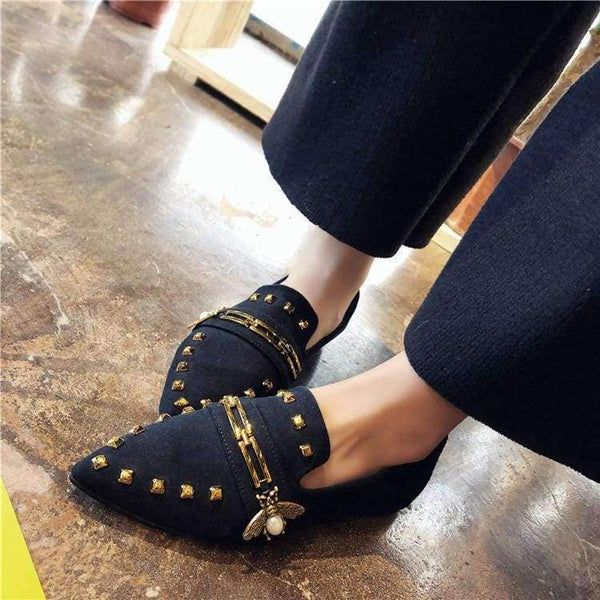Planet Gates brown embroider W / 6 Women Flats Cool Golden Rivet Flat Shoes Women Loafers Ballet Flats Suede Metal Chain Bees Black Shoes Casual Pointed Toe Slipon