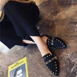 Planet Gates brown embroider W / 6 Women Flats Cool Golden Rivet Flat Shoes Women Loafers Ballet Flats Suede Metal Chain Bees Black Shoes Casual Pointed Toe Slipon