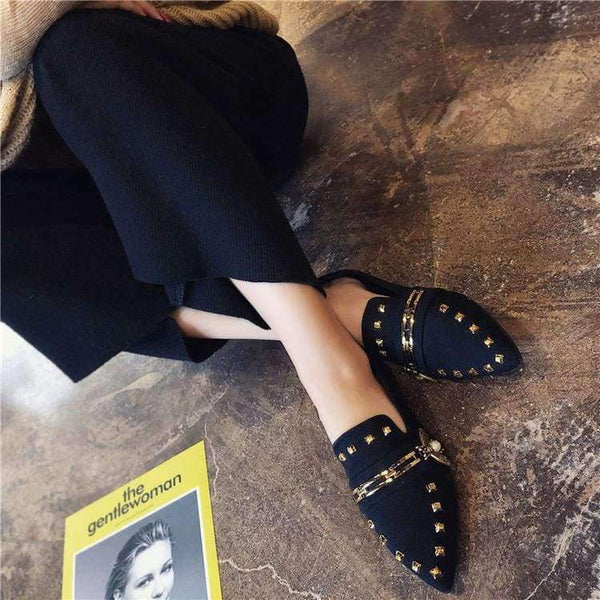 Planet Gates brown embroider W / 6 Women Flats Cool Golden Rivet Flat Shoes Women Loafers Ballet Flats Suede Metal Chain Bees Black Shoes Casual Pointed Toe Slipon