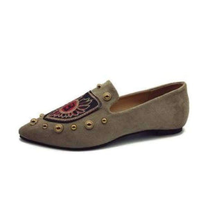Planet Gates brown embroider W / 6 Women Flats Cool Golden Rivet Flat Shoes Women Loafers Ballet Flats Suede Metal Chain Bees Black Shoes Casual Pointed Toe Slipon