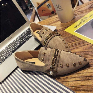 Planet Gates brown embroider W / 6 Women Flats Cool Golden Rivet Flat Shoes Women Loafers Ballet Flats Suede Metal Chain Bees Black Shoes Casual Pointed Toe Slipon