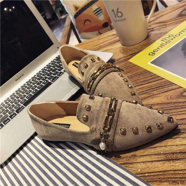 Planet Gates brown embroider W / 6 Women Flats Cool Golden Rivet Flat Shoes Women Loafers Ballet Flats Suede Metal Chain Bees Black Shoes Casual Pointed Toe Slipon