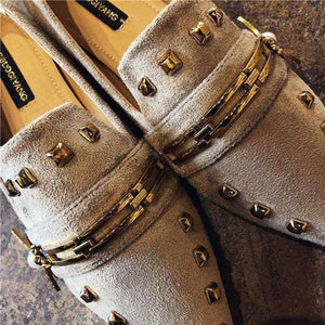 Planet Gates brown embroider W / 6 Women Flats Cool Golden Rivet Flat Shoes Women Loafers Ballet Flats Suede Metal Chain Bees Black Shoes Casual Pointed Toe Slipon