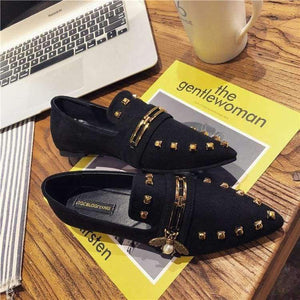 Planet Gates brown embroider W / 6 Women Flats Cool Golden Rivet Flat Shoes Women Loafers Ballet Flats Suede Metal Chain Bees Black Shoes Casual Pointed Toe Slipon